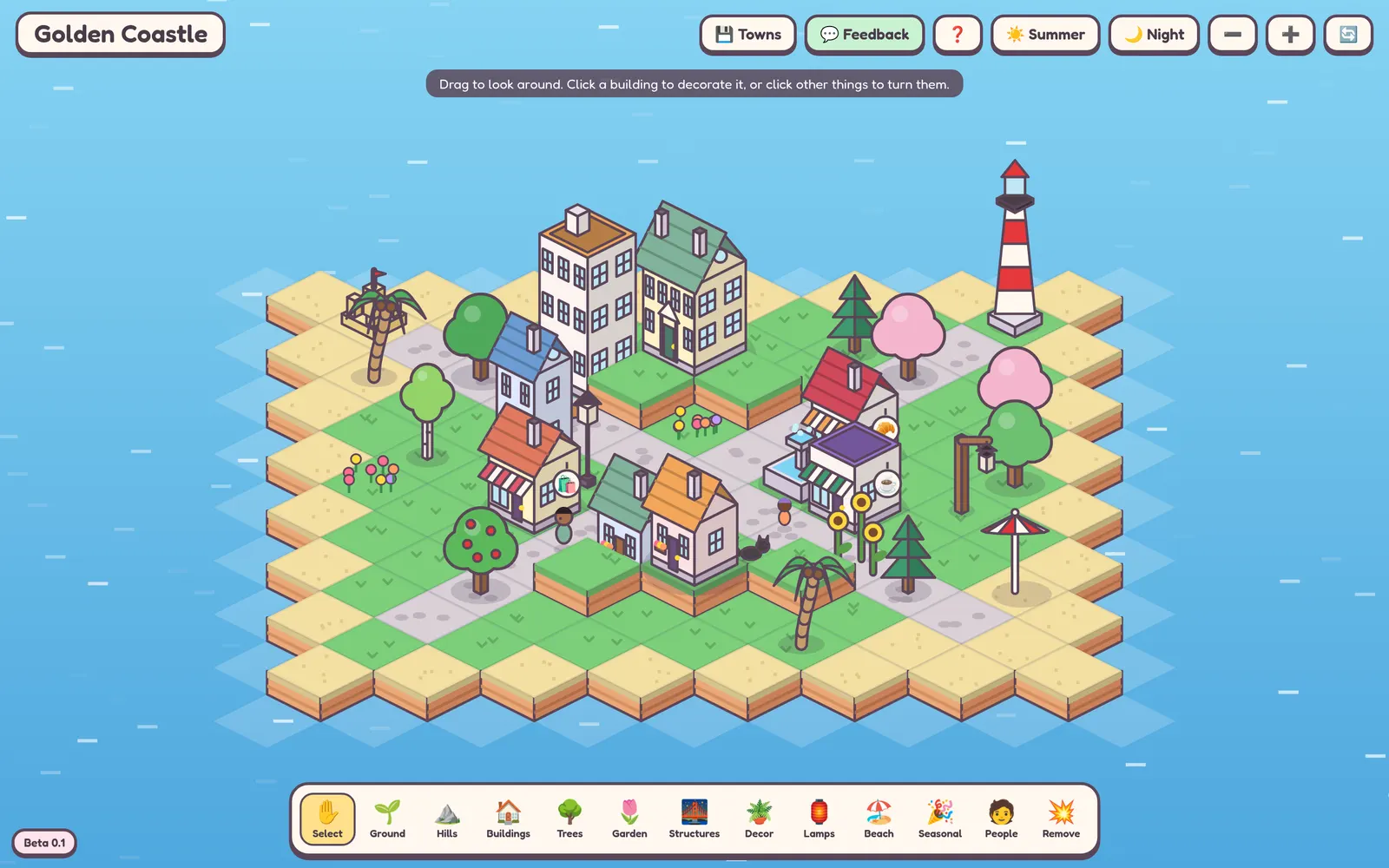 The game on a computer: the island town in the middle, the town's name at the top, and a row of tools along the bottom for ground, hills, buildings, trees, gardens, lamps, beach things and people.