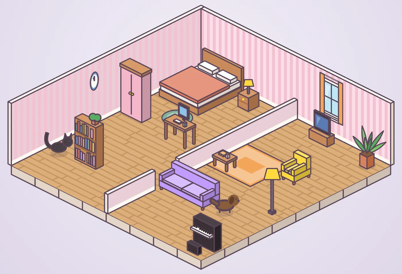 Inside a house: pink striped walls, a bedroom with a big bed, a wardrobe and a desk, a wall with a doorway, and a living room with a purple sofa, a yellow armchair, a TV, a piano, a cat and a dog.