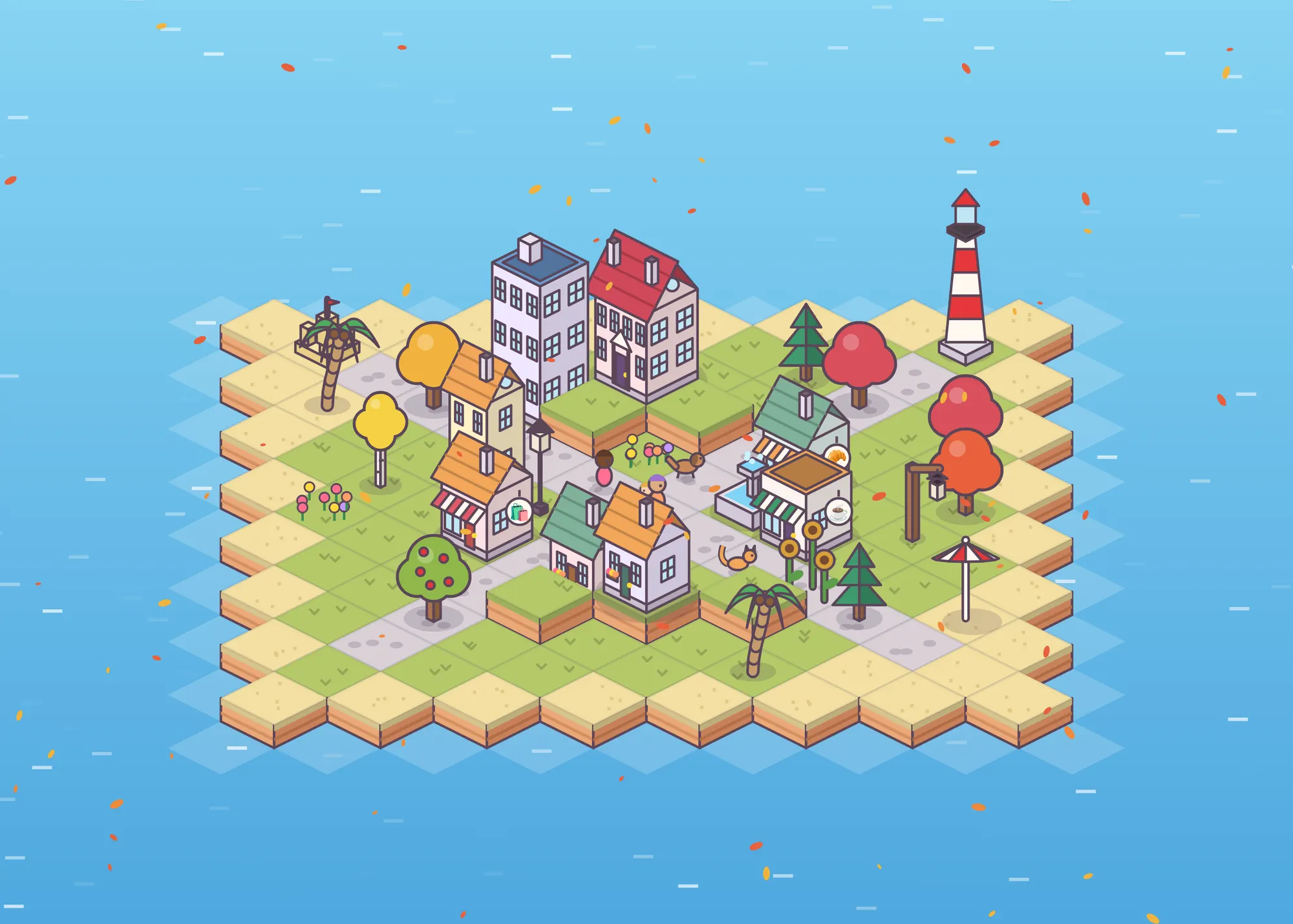 The same town in autumn, with orange and red trees.