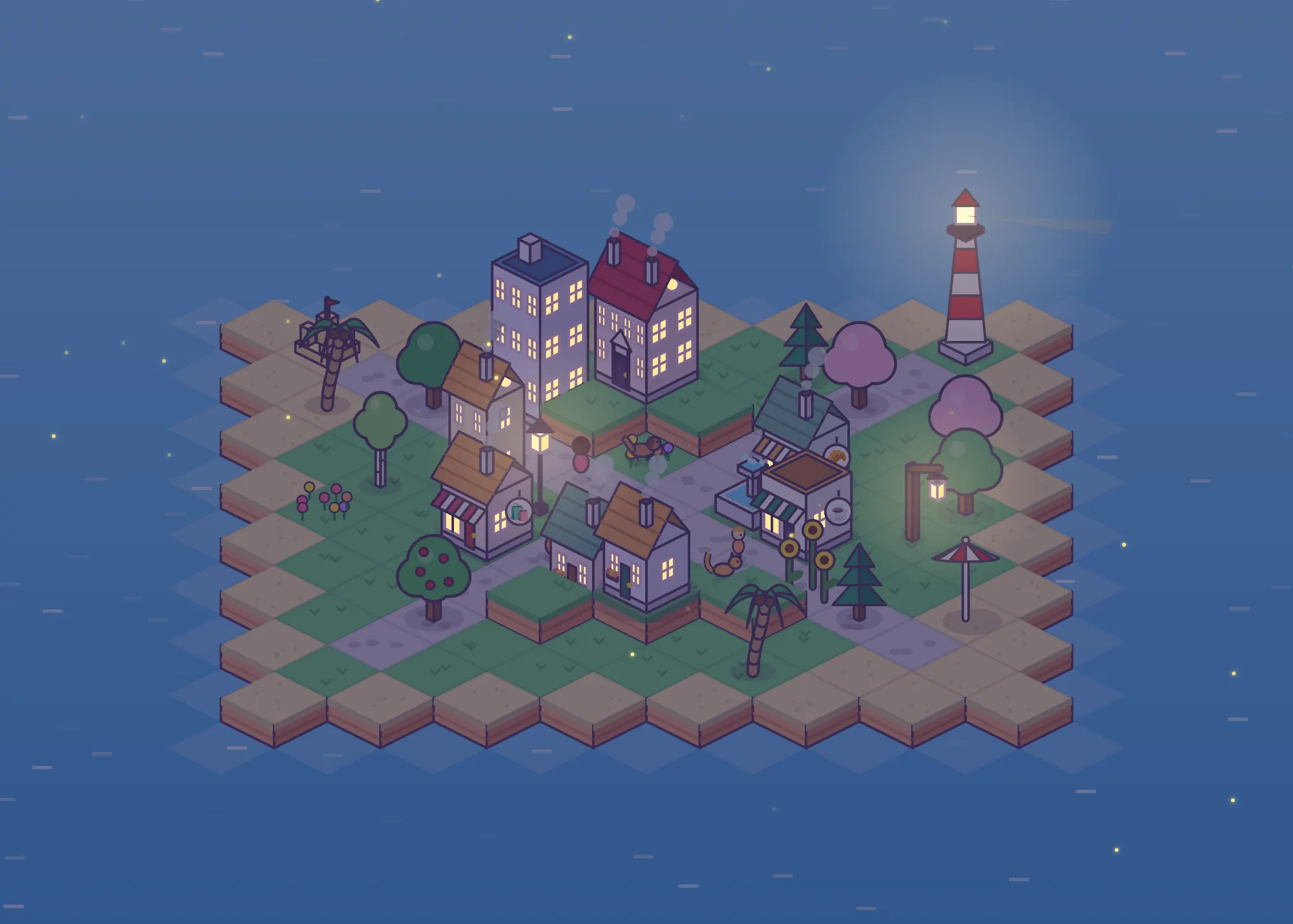 The same town at night, with lit windows and the lighthouse shining.