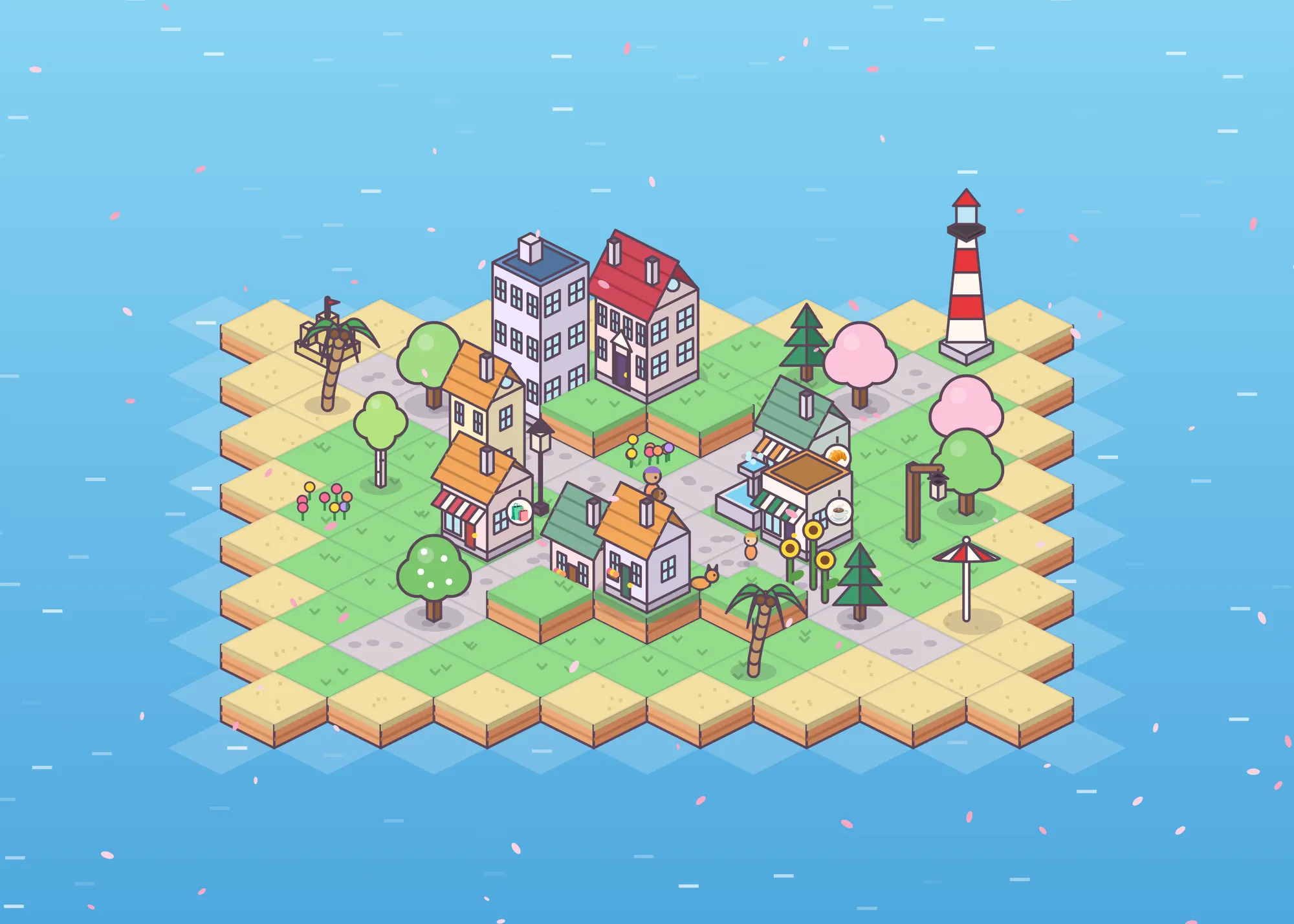 The same town in spring, with pink petals blowing over the island.