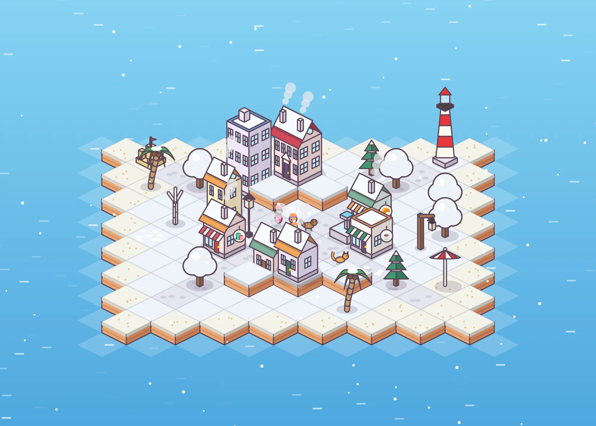 The same town in winter, with snow on the ground, the roofs and the trees.
