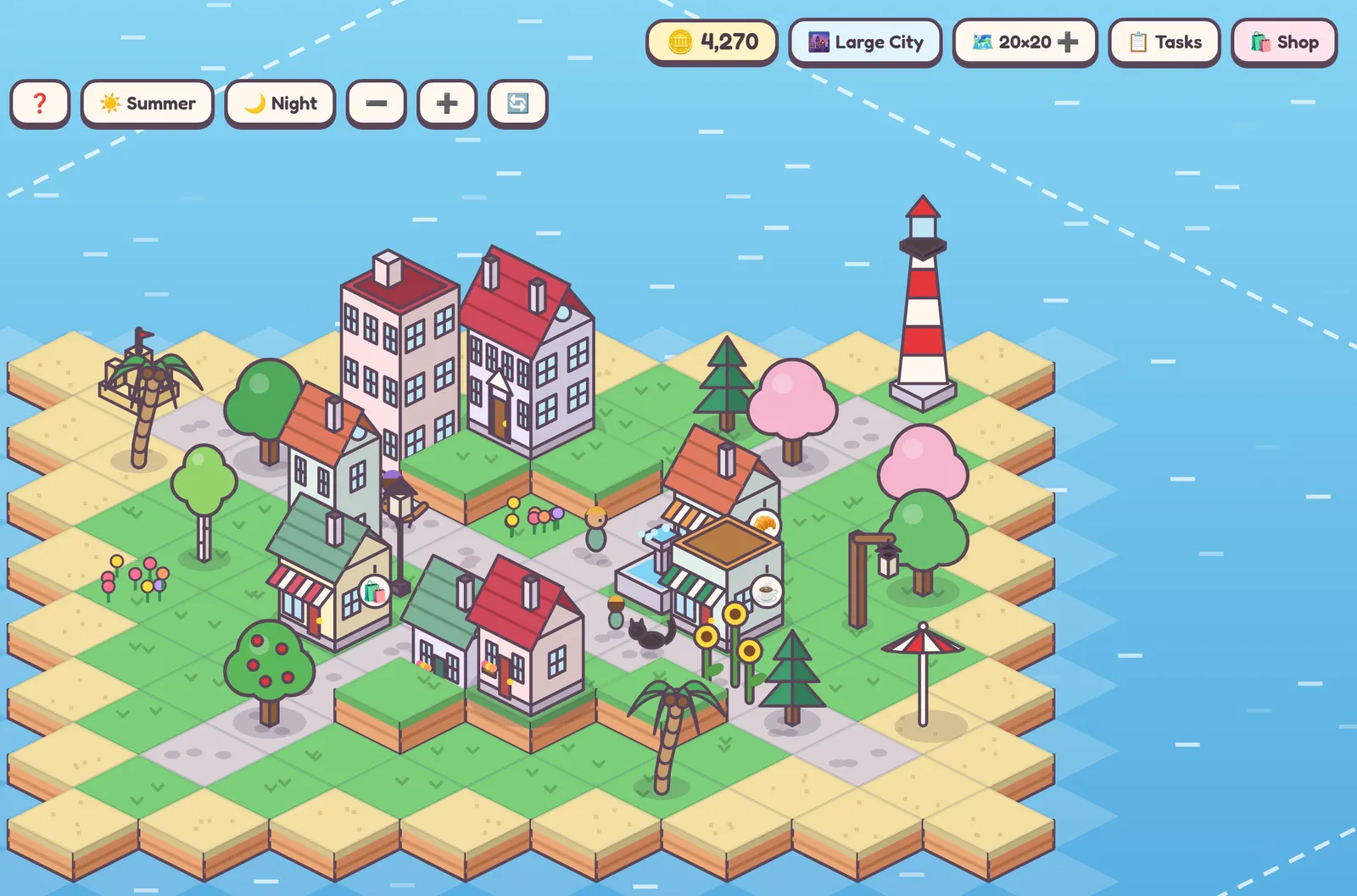 The game in Money mode: a coin counter, the town's level, its land size and buttons for tasks and the shop along the top, over the island town.
